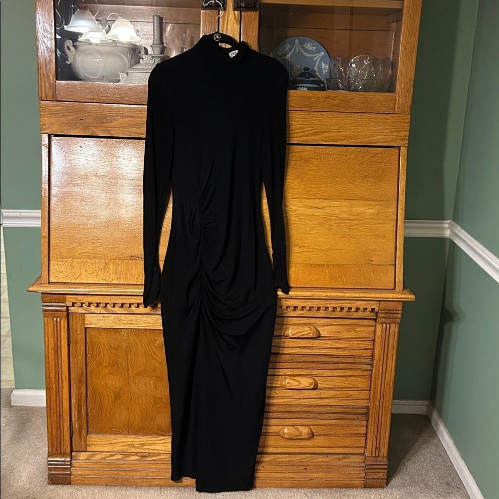 Zara‎ Avant Garde Bodycon Black Ruched Maxi Dress High Neck Long Sleeve Edgy